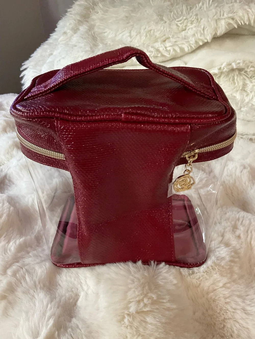 NWOT Lancôme Clear Train Case with Burgundy Trim & gold-tone hardware